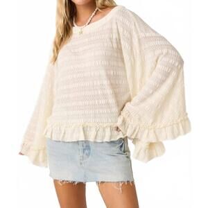 NEW MITTOSHOP flowy batwing sleeve boatneck ruffle hem top in ivory